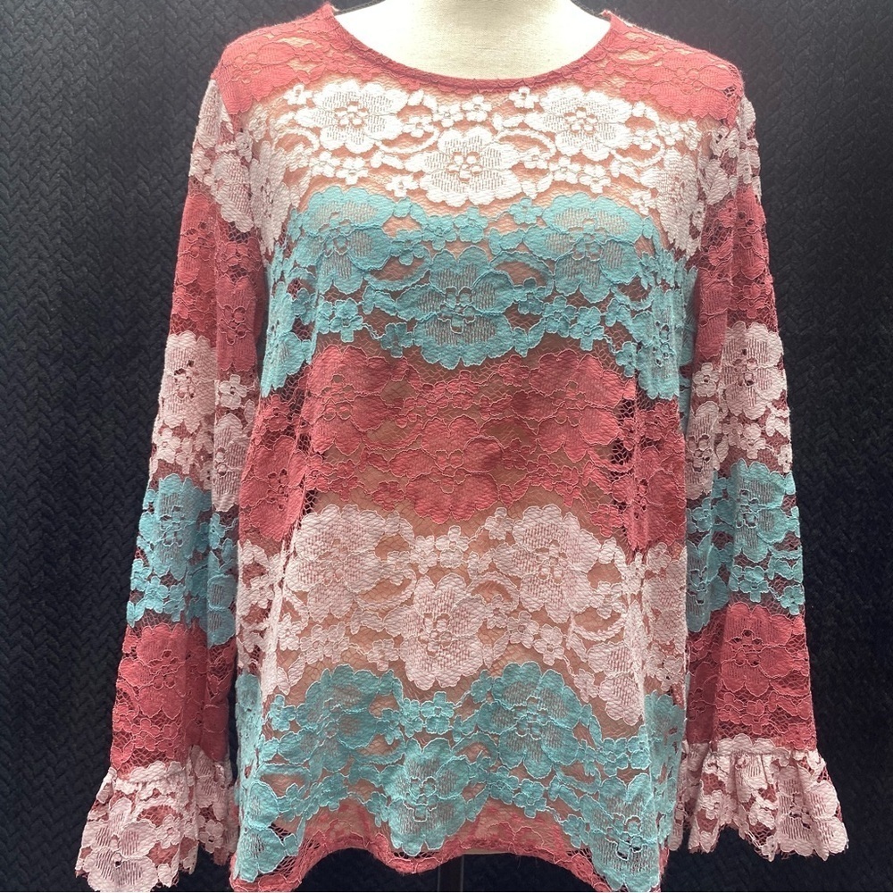 Floral Lace Blouse By Maxsport Women’s XL Flounce Sleeves Keyhole Button